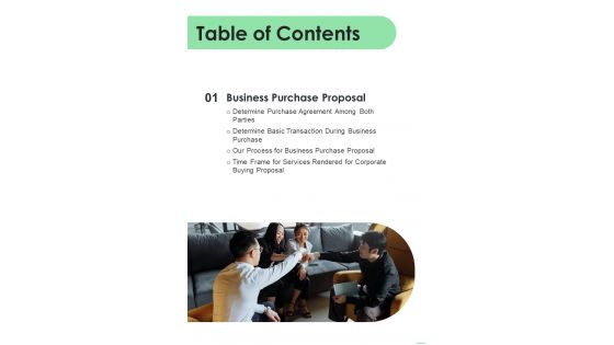 Table Of Contents Business Purchase Proposal One Pager Sample Example Document