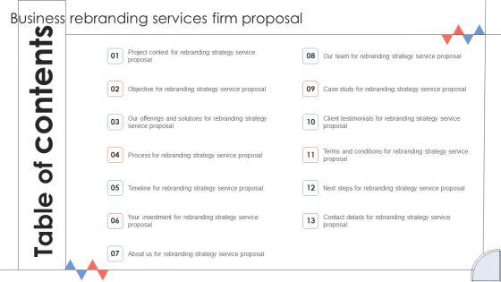 Table Of Contents Business Rebranding Services Firm Proposal Background PDF