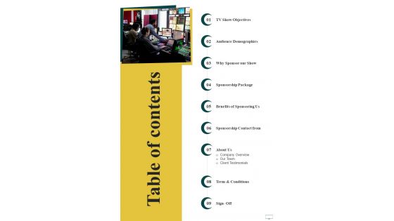 Table Of Contents Business Sponsorship Proposal For Reality Television Show One Pager Sample Example Document Table Of Contents Business Sponsorship Proposal For Reality Television Show One Pager Sample Example Document