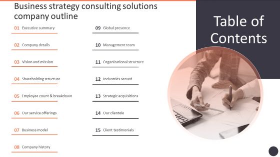 Table Of Contents Business Strategy Consulting Solutions Company Outline Background PDF