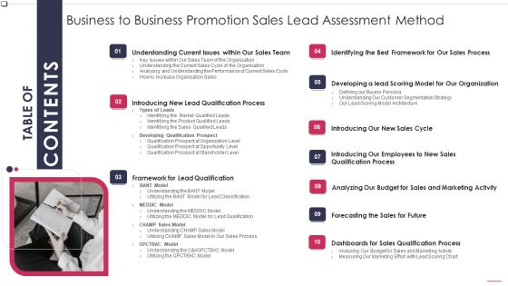 Table Of Contents Business To Business Promotion Sales Lead Assessment Method Themes PDF