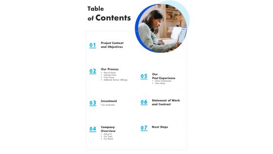 Table Of Contents Business Transportation One Pager Sample Example Document