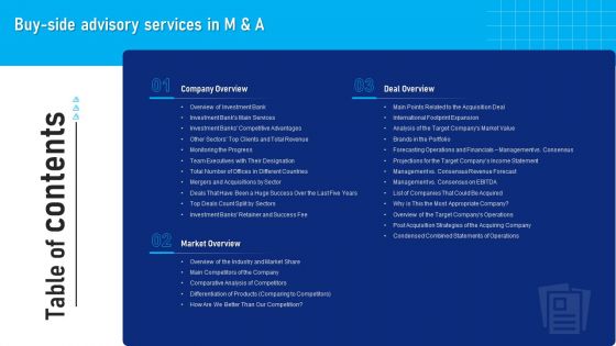 Table Of Contents Buy Side Advisory Services In M And A Structure PDF