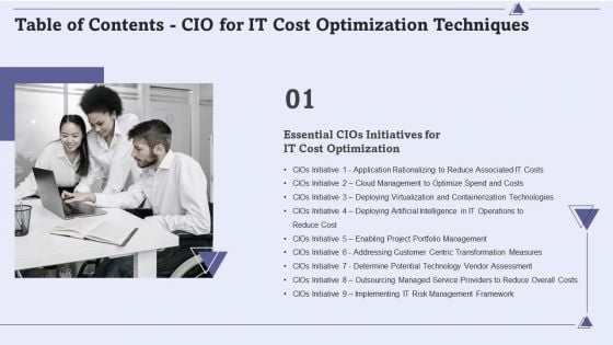 Table Of Contents CIO For IT Cost Optimization Techniques Risk Graphics PDF