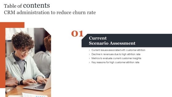 Table Of Contents CRM Administration To Reduce Churn Rate Key Pictures PDF