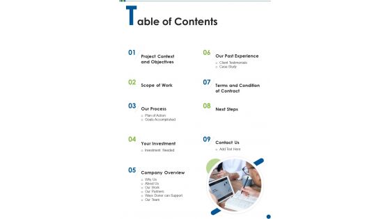 Table Of Contents CSR Activities Proposal One Pager Sample Example Document