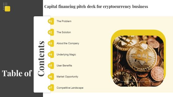 Table Of Contents Capital Financing Pitch Deck For Cryptocurrency Business Slides PDF