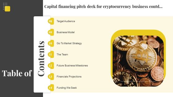 Table Of Contents Capital Financing Pitch Deck For Cryptocurrency Business Slides PDF