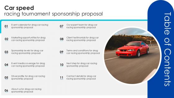 Table Of Contents Car Speed Racing Tournament Sponsorship Proposal Structure PDF