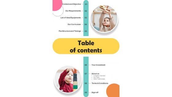 Table Of Contents Care Business Proposal One Pager Sample Example Document