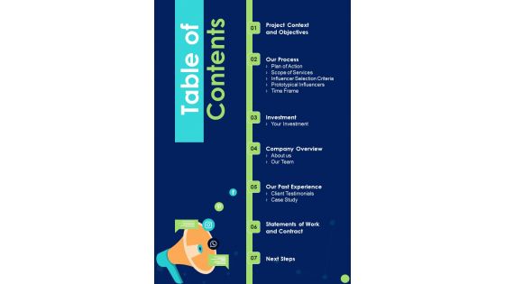 Table Of Contents Celebrity Endorsement Proposal One Pager Sample Example Document Table Of Contents Celebrity Endorsement Proposal One Pager Sample Example Document