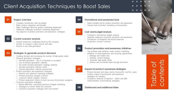 Table Of Contents Client Acquisition Techniques To Boost Sales Graphics PDF