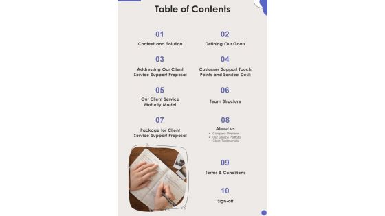 Table Of Contents Client Service Support Proposal One Pager Sample Example Document Table Of Contents Client Service Support Proposal One Pager Sample Example Document