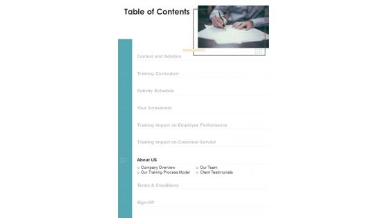 Table Of Contents Client Service Training Proposal One Pager Sample Example Document