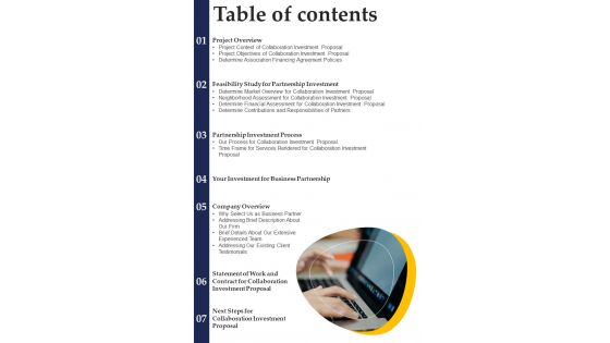 Table Of Contents Collaboration Investment Proposal One Pager Sample Example Document Table Of Contents Collaboration Investment Proposal One Pager Sample Example Document