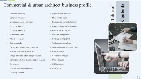 Table Of Contents Commercial And Urban Architect Business Profile Introduction PDF