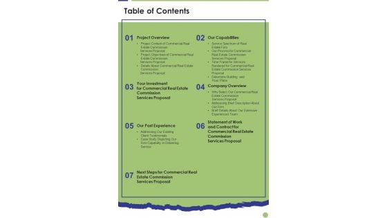 Table Of Contents Commercial Real Estate Commission Services Proposal One Pager Sample Example Document Table Of Contents Commercial Real Estate Commission Services Proposal One Pager Sample Example Document