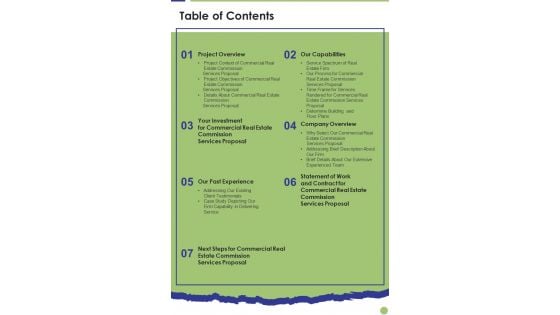 Table Of Contents Commercial Real Estate Commission Services Proposal One Pager Sample Example Document