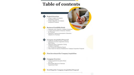 Table Of Contents Company Acquisition Proposal One Pager Sample Example Document Table Of Contents Company Acquisition Proposal One Pager Sample Example Document