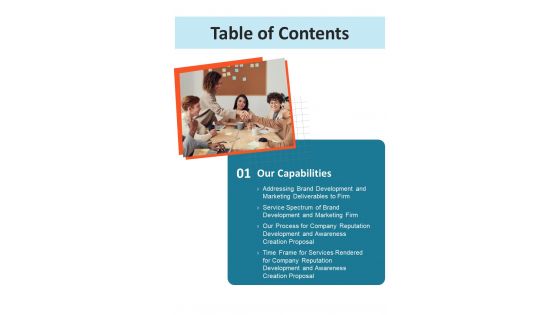 Table Of Contents Company Reputation Development And Awareness Creation One Pager Sample Example Document