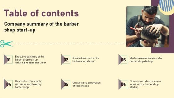 Table Of Contents Company Summary Of The Barber Shop Start Up Background PDF