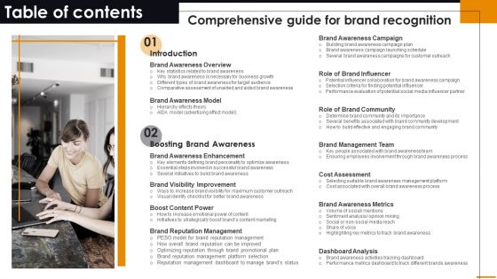 Table Of Contents Comprehensive Guide For Brand Recognition Portrait PDF