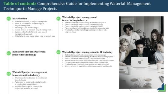 Table Of Contents Comprehensive Guide Implementing Waterfall Management Technique To Manage Projects Brochure PDF Table Of Contents Comprehensive Guide Implementing Waterfall Management Technique To Manage Projects Brochure PDF