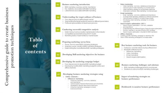 Table Of Contents Comprehensive Guide To Create Business Promotion Techniques Ppt PowerPoint Presentation File Example PDF