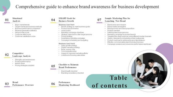 Table Of Contents Comprehensive Guide To Enhance Brand Awareness For Business Development Designs PDF Table Of Contents Comprehensive Guide To Enhance Brand Awareness For Business Development Designs PDF