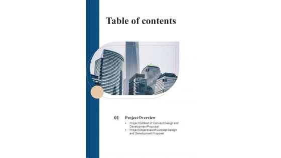 Table Of Contents Concept Design And Development Proposal One Pager Sample Example Document