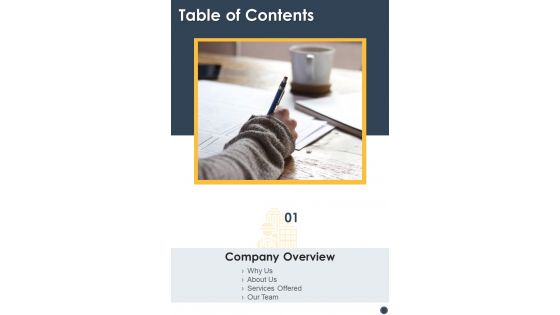 Table Of Contents Construction Inspection Proposal One Pager Sample Example Document