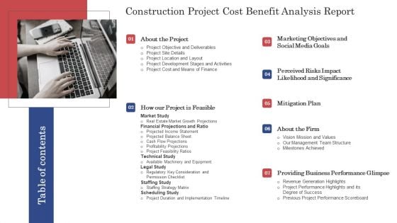 Table Of Contents Construction Project Cost Benefit Analysis Report Themes PDF