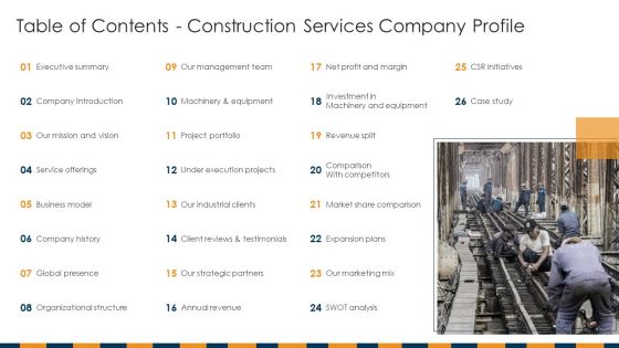 Table Of Contents Construction Services Company Profile Summary PDF