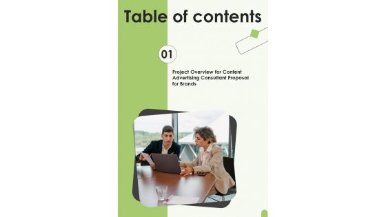 Table Of Contents Content Advertising Consultant Proposal For Brands One Pager Sample Example Document Table Of Contents Content Advertising Consultant Proposal For Brands One Pager Sample Example Document