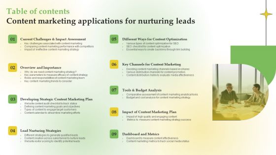 Table Of Contents Content Marketing Applications For Nurturing Leads Brochure PDF