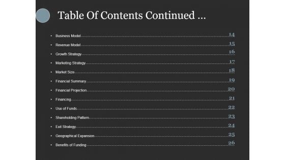 Table Of Contents Continued Ppt PowerPoint Presentation Inspiration Slides