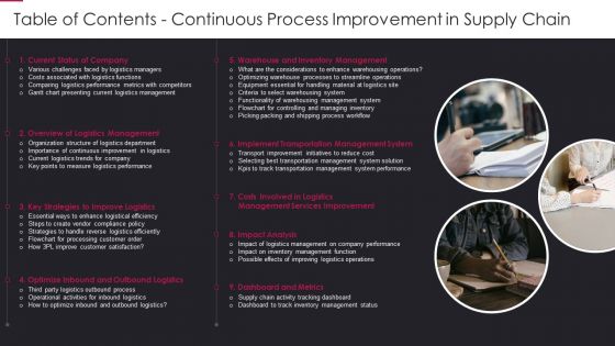 Table Of Contents Continuous Process Improvement In Supply Chain Guidelines PDF