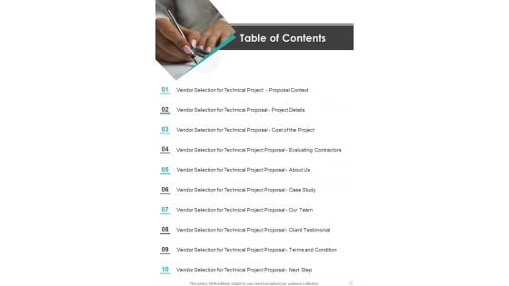 Table Of Contents Contractor Selection For Venture Proposal One Pager Sample Example Document Table Of Contents Contractor Selection For Venture Proposal One Pager Sample Example Document