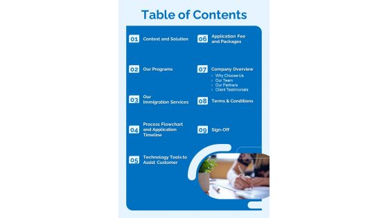 Table Of Contents Contractors Bid Proposal For Immigration Services One Pager Sample Example Document Table Of Contents Contractors Bid Proposal For Immigration Services One Pager Sample Example Document