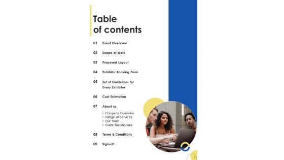 Table Of Contents Contractors Bid Proposal For Organizing Exhibitions One Pager Sample Example Document Table Of Contents Contractors Bid Proposal For Organizing Exhibitions One Pager Sample Example Document