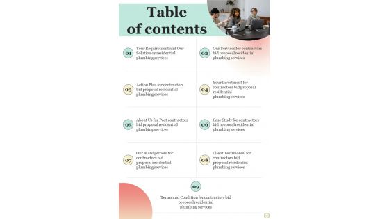 Table Of Contents Contractors Bid Proposal For Residential Plumbing Services One Pager Sample Example Document Table Of Contents Contractors Bid Proposal For Residential Plumbing Services One Pager Sample Example Document