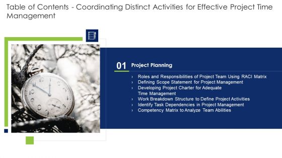 Table Of Contents Coordinating Distinct Activities For Effective Project Time Management Slide Themes PDF