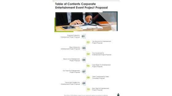 Table Of Contents Corporate Entertainment Event Project Proposal One Pager Sample Example Document Table Of Contents Corporate Entertainment Event Project Proposal One Pager Sample Example Document