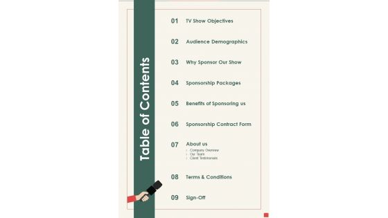 Table Of Contents Corporate Event Sponsorship Proposal One Pager Sample Example Document Table Of Contents Corporate Event Sponsorship Proposal One Pager Sample Example Document