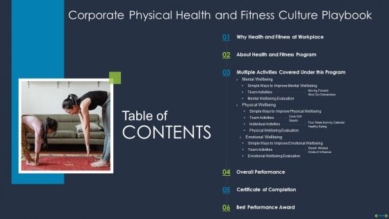 Table Of Contents Corporate Physical Health And Fitness Culture Playbook Structure PDF