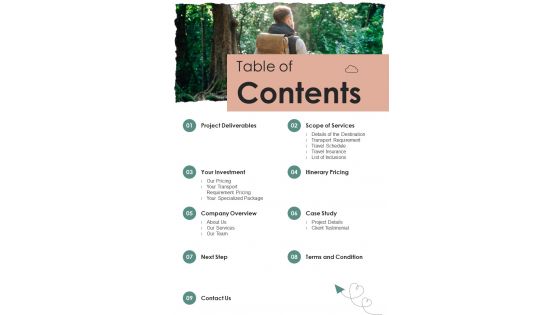 Table Of Contents Corporate Trips And Packages Proposal One Pager Sample Example Document