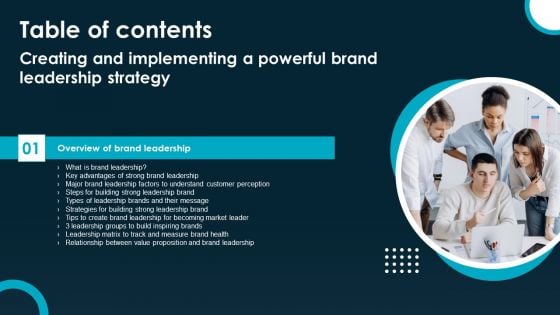 Table Of Contents Creating And Implementing A Powerful Brand Leadership Strategy Infographics PDF Table Of Contents Creating And Implementing A Powerful Brand Leadership Strategy Infographics PDF