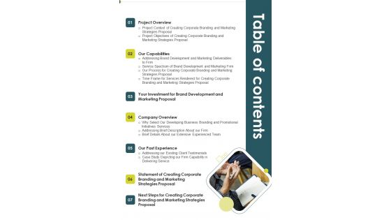 Table Of Contents Creating Corporate Branding And Marketing Strategies Proposal One Pager Sample Example Document Table Of Contents Creating Corporate Branding And Marketing Strategies Proposal One Pager Sample Example Document