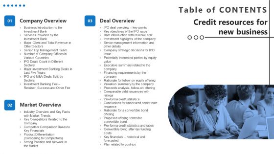 Table Of Contents Credit Resources For New Business Ppt Portfolio Design Inspiration PDF