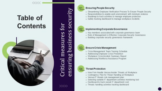 Table Of Contents Critical Measures For Ensuring Business Security Formats PDF